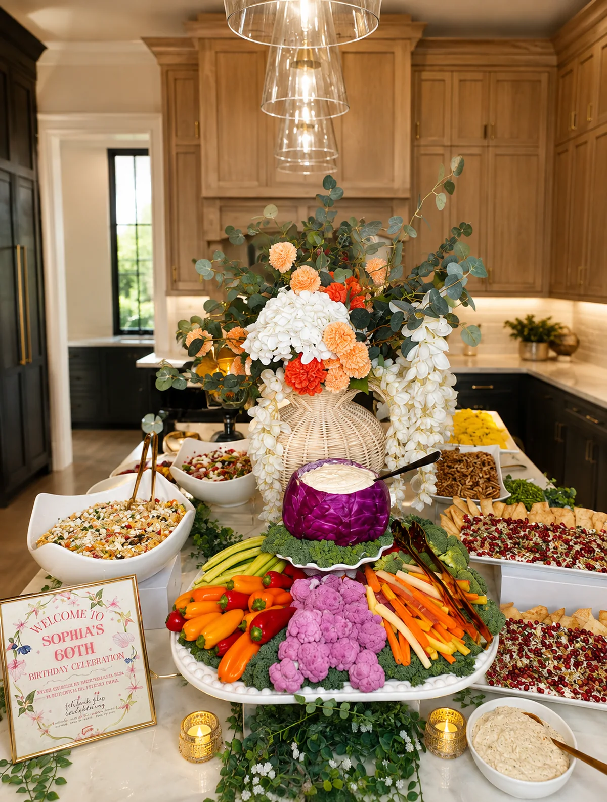 A styled crudité and grazing table with a floral centerpiece in a home kitchen